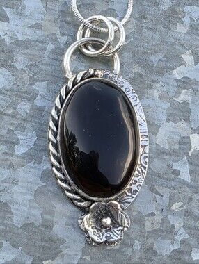 Black Onyx Gemstone Pendant Necklace In 925 Sterling Silver (2.3")